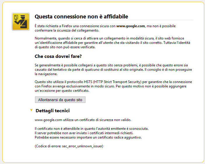 messaggio connessione non affidabile - Firefox